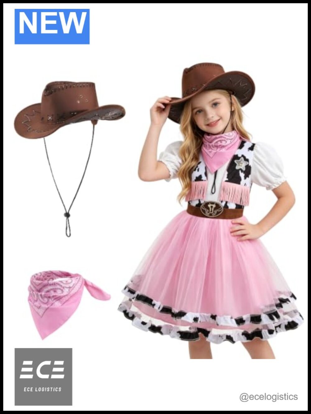 Girls Cowgirl Costume with Hat Bandanna Tulle Dress Dress-Up